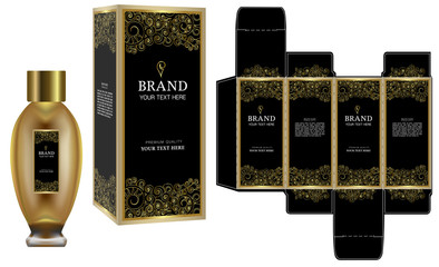 Wall Mural - Packaging design, Label on cosmetic container with black and gold luxury box template and mockup box, illustration vector.