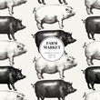 Seamless farm vector pattern. Graphical pig silhouette, hand drawn vintage illustrations. Retro farm animals background, bannner template.