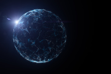 Wall Mural - futuristic network globe with lines, dots and sunlight illustration, view from space.
