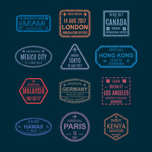 Set Color Templates Of Stamps And Visa Signs In Passport.