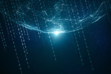 Wall Mural - futuristic network globe with binary numbers and flare of light, view from space. illustration backg