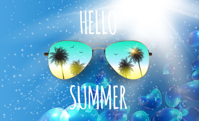 Canvas Print - Hello Summer Background with Glass and Palm. Vector Illustration