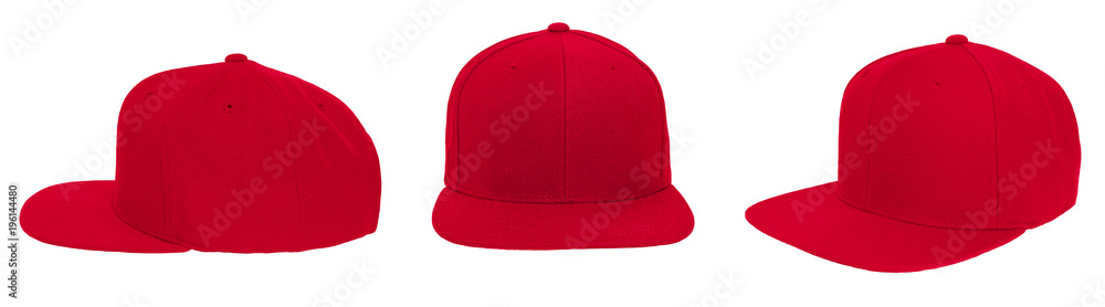 Blank baseball cap color red set view on white background - obrazy, fototapety, plakaty 