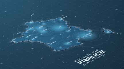 France map big data visualization. Futuristic map infographic. Information aesthetics. Visual data complexity. Complex France data graphic visualization. Abstract data on map graph.