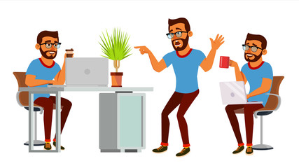 Business Man Character Vector. Working Hindu Man. Bearded. Environment Process Creative Studio. Web Developer Programming. Poses. Flat Cartoon Business Illustration