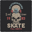 T-shirt or poster design with illustraion of skull with skateboard
