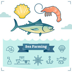  Sea Farming vector illustration collection with marine life elements and outline icon set. Aquaculture industry.