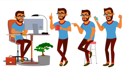 Business Man Character Vector. Working Hindu Male. IT Startup Business Company. Environment Process. Developer. Full Length. Programmer, Manager. Software. Flat Cartoon Business Character Illustration