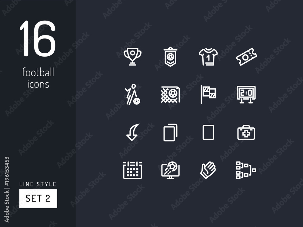 Set 2 of football / soccer icons on the black background. Universal ...