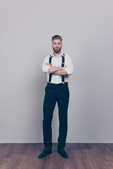 Wall Mural - Vertical full-length full-size portrait of brutal handsome strict proud harsh authoritative bossy serious man standing with crossed arms wearing formal clothes outfit isolated on gray background