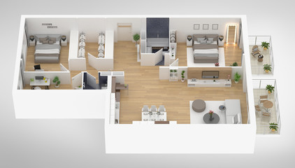 Wall Mural - Home floor plan top view 3D illustration. Open concept living apartment layout