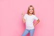 Fun joy enjoy people person funtime concept. Portrait of cute lovely carefree confident sweet adorable beautiful girl in casual modern outfit demonstrating v-sign isolated on pink background