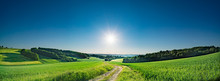 Green Field And Clear Blue Sky Sun Panorama