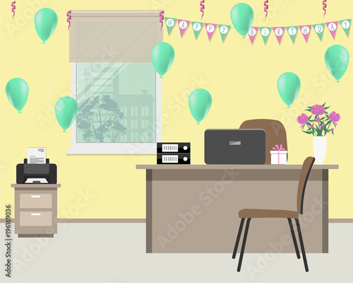 Yellow Office Decorated For The Employee S Birthday There Is A Yellow Office Decorated For The Employee S Birthday There Is A Desk Chair Printer In Image Also Are Green Balloons Flags Happy