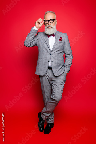 Full Length Portrait Of Cool Stunning Stylish Trendy Old Man In