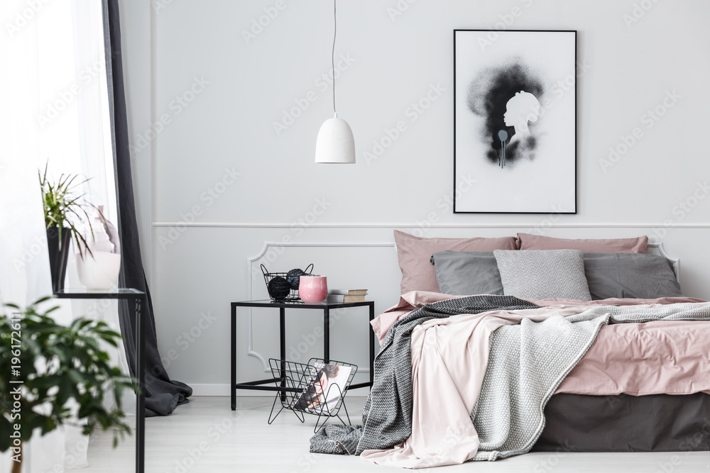 Poster in pink bedroom interior - obrazy, fototapety, plakaty 