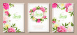 Set of three floral backgrounds with blooming pink and light yellow peonies, buds, green leaves. Inscription Spring. Template for card, banner on 8 March, Mothers Day, Birthday, Sale, Wedding