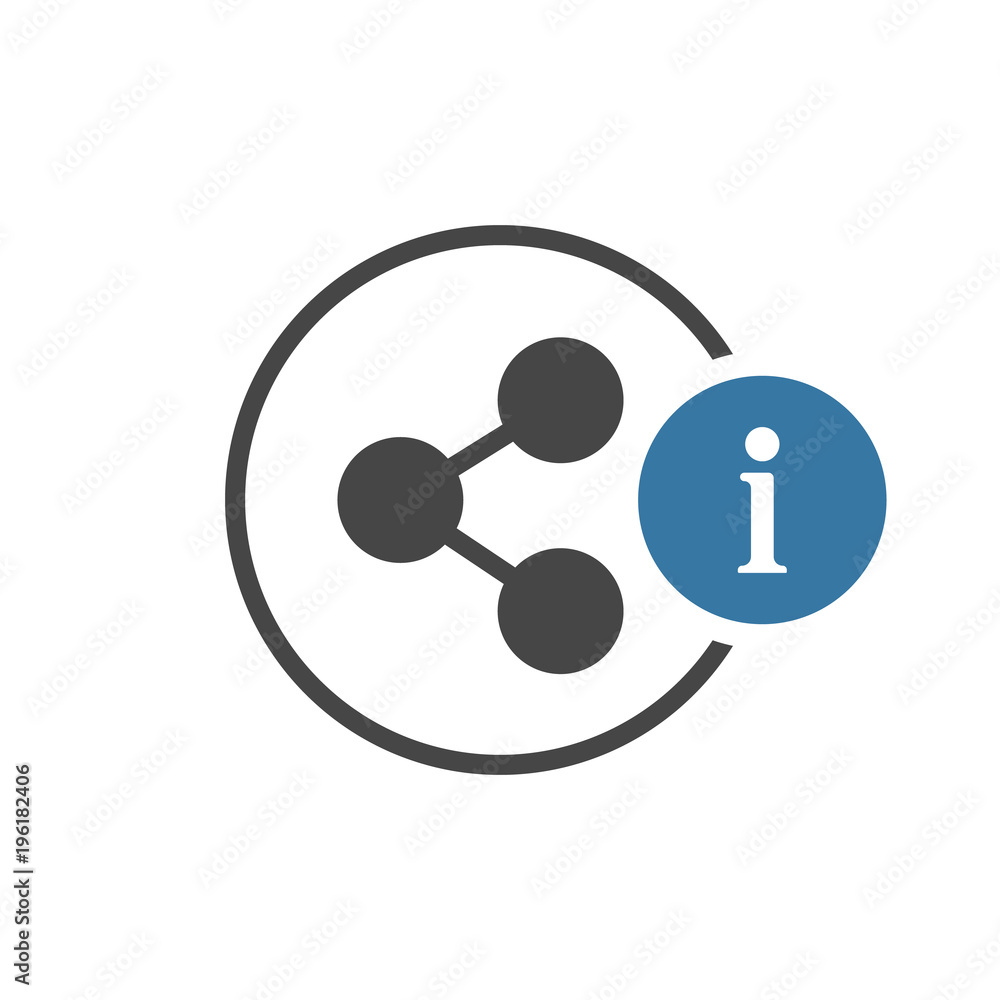 Share icon with information sign. Share icon and about, faq, help, hint ...