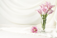 Lily Pink Or Purple In Glass Vase On White Fabric
