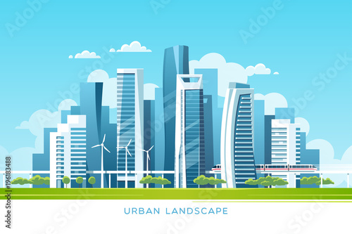 Urban landscape with buildings, skyscrapers and subway. Real estate and construction industry concept. Vector illustration. © faber14