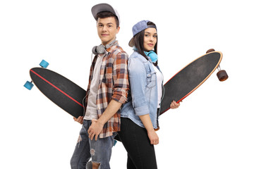 Sticker - Teenage skaters with longboards with their backs against each other