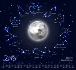 Calendar, moon, zodiac constellations, 2018, night sky background, lettering. Wall planner in astrological theme. Vector illustration of scheduler