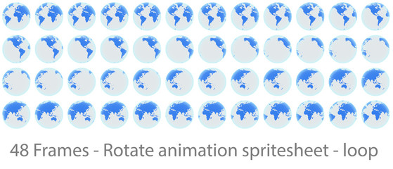 Globe rotation animation sprite sheet loop animation, Globe rotation animation sprite sheet loop animation, animation frames, forty eight animation frames, loop animation, world map