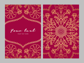 Wall Mural - Greeting card golden ethnic patterns on red background