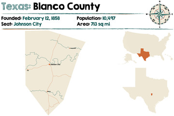  Detailed map of Blanco county in Texas, USA