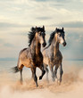 Two beautiful horses running by the sea