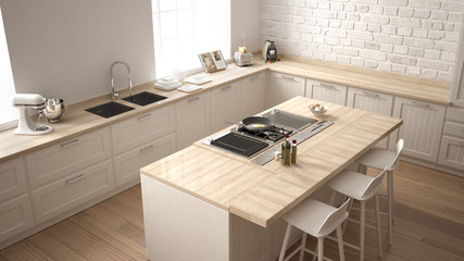 Classic kitchen with modern wooden details and big window, white minimalistic interior design, top view