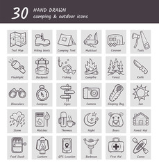 Wall Mural - collection of camping and hiking equipment icons. hand drawn style. each icon has his own descriptio