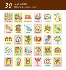 Wall Mural - hand drawn camping and hiking icons with text description below. caravan, fishing, campfire, lantern