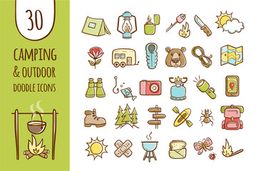 Wall Mural - camping and hiking equipment icons. collection of 30 forest and camping elements in hand drawn style