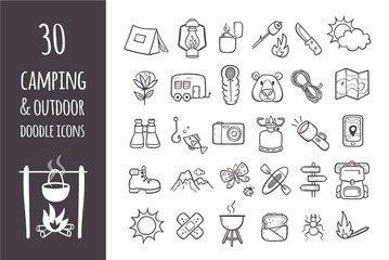 Wall Mural - camping and hiking equipment doodle icons set. collection of 30 forest and camping elements in hand 