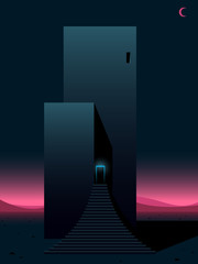 Wall Mural - science fiction scene, futuristic building with retro neon colors, surreal vector