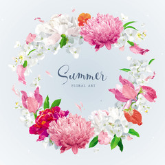 Canvas Print - Red, pink and white spring and summer flowers vector wreath