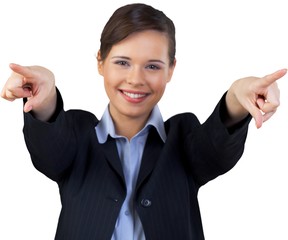 Wall Mural - Close-up portrait of young businesswoman isolated on white