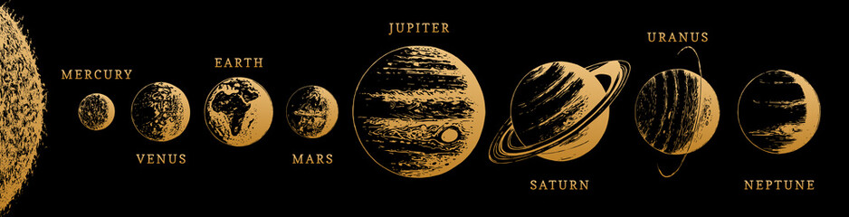 Solar system infographics in vector. Hand drawn illustration of eight planets