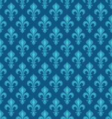 royal heraldic lilies (fleur-de-lis) — azure cerulean blue sky velvet, seamless pattern, wallpaper b