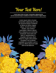 Hand Drawn frame for text with peony flowers and herbs vintage floral elements. Yellow and blue decore on Black background