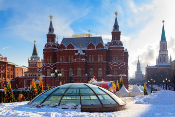 building of state historical museum in moscow. view from the manege square