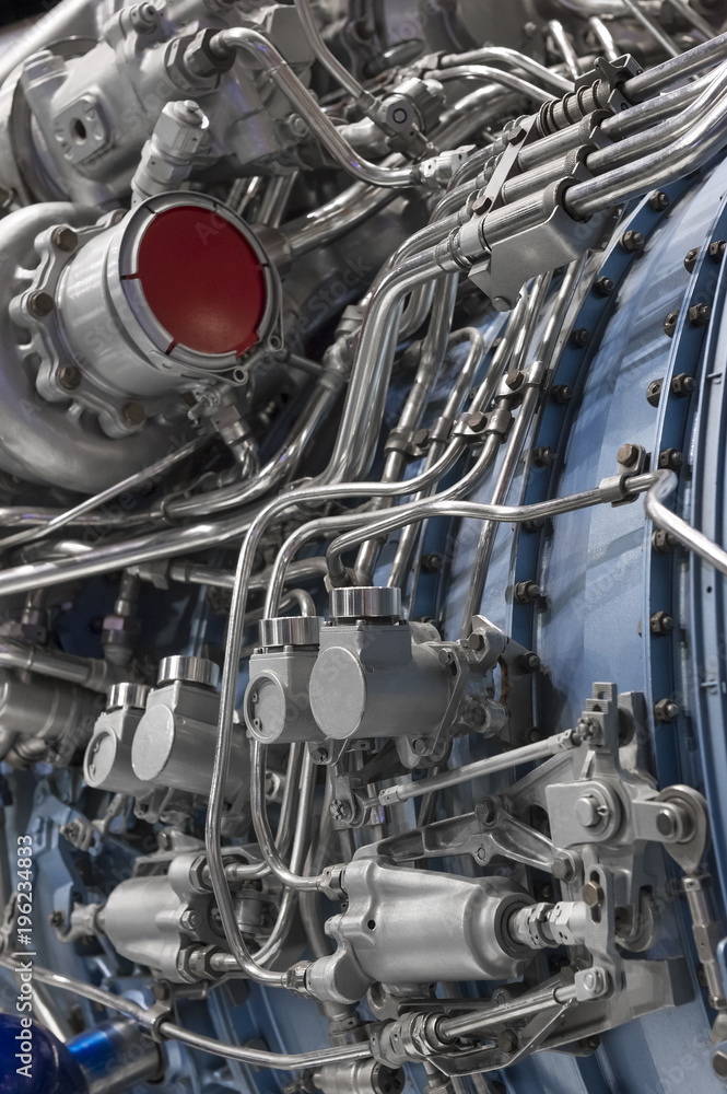 Engine of fighter jet, internal structure with hydraulic, fuel pipes ...