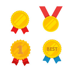 Sticker - Medal gold vector set, flat cartoon golden medallion, award symbol, achievement badge isolated