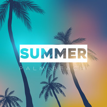 Summer California Tumblr Backgrounds Set With Palms, Sky And Sunset. Summer Placard Poster Flyer Invitation Card.