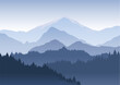 © Natalia - Vector illustration of the pine trees forest receding into the distance on the background of light blue mountains in thick fog.