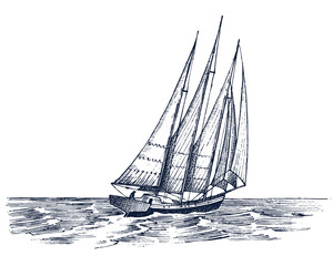 Sailboat in the sea, summer adventure, active vacation. Seagoing vessel, marine ship or nautical caravel. water transport in the ocean for sailor and captain. engraved hand drawn in vintage style.