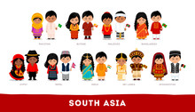 Asians In National Clothes. South Asia. Set Of Cartoon Characters In Traditional Costume. Cute People. Vector Flat Illustrations.
