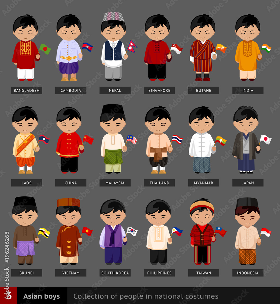 Asian boys in national dress. Set of asian men dressed in national ...