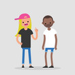 Quarrel conceptual illustration. Young pissed off woman pointing a finger and yelling at her boyfriend. Two arguing characters. Flat editable vector, clip art